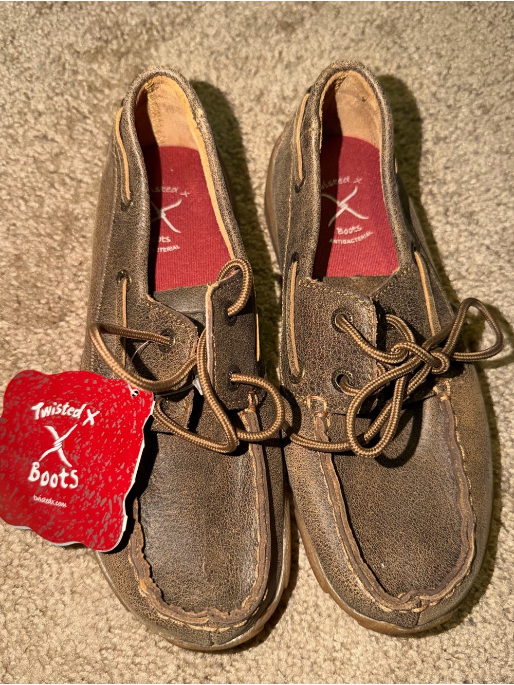Twisted X Boys Brown Leather Boat Shoes with Red Insole